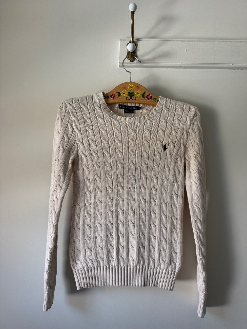 100% Cotton Ralph Lauren Cream Cable-Knit Crewneck Sweater